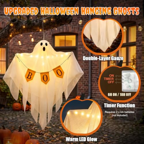 Lighted Hanging Ghost Decorations with Timer - Ghosts with Ornaments Halloween Set
