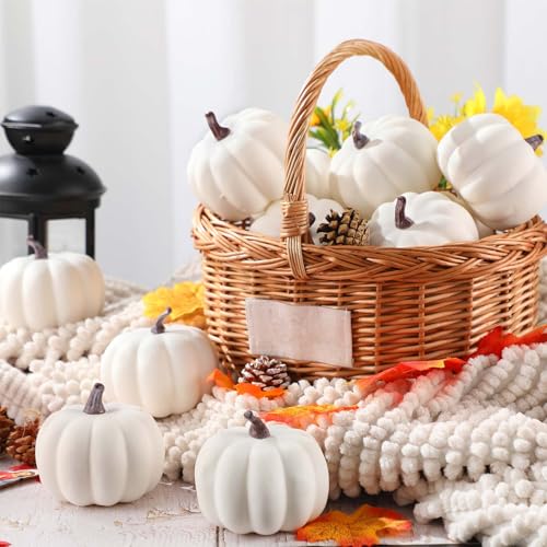 White Artificial Pumpkin Decor Set - 60 Mini Foam Pumpkins for Fall Halloween Thanksgiving