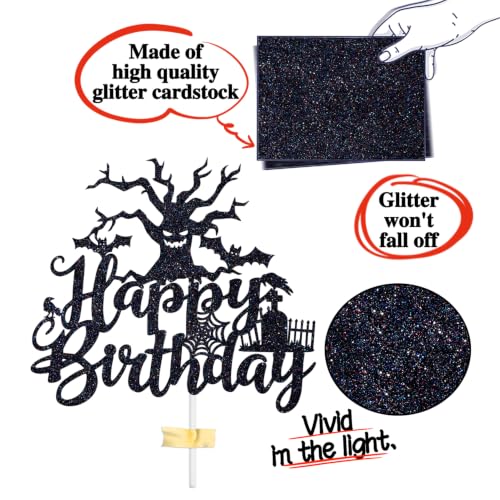 Halloween Happy Birthday Cake Topper - Spooky Zombie & Bat Decor - Black Glitter, 5.9 inches