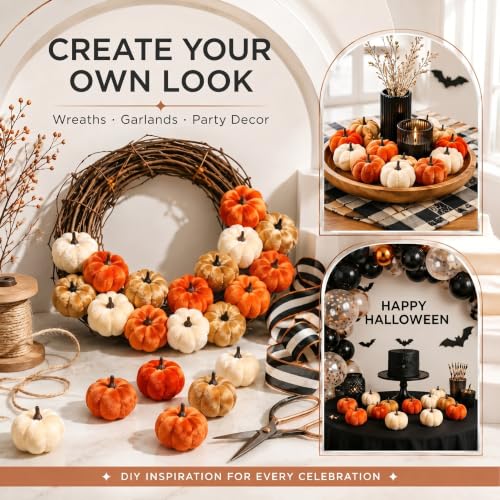 24 Pcs Halloween Velvet Mini Pumpkins - Faux Fall Decor, Small Faux Pumpkins, Craft Supplies, Gift Box Included