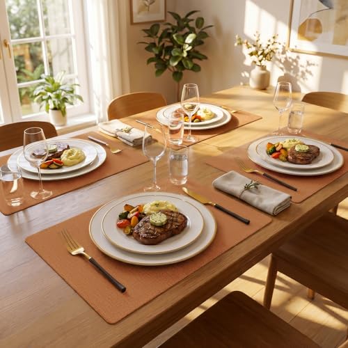Faux Leather Vinyl Placemats Set of 4 - Orange, Rectangular, Heat-Resistant