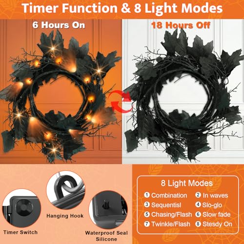 LED Willow Vine Garland with Orange Lights - Halloween Indoor Decor, 6Ft, 54 Lights, 8 Modes & Timer