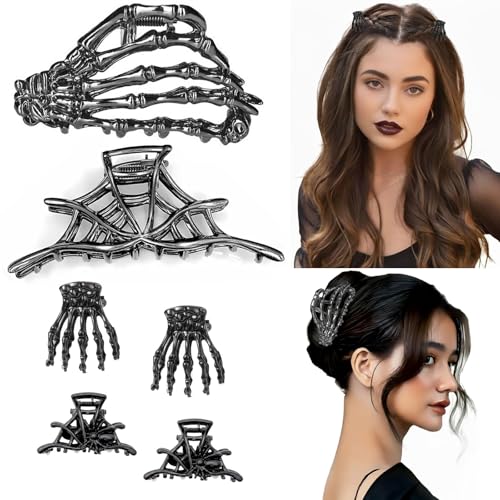 Halloween Style Skeleton Hand & Spider Web Hair Clips Set - Gothic Metal Claw Accessories