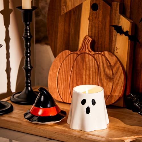 Ghost Jar Candle with Witch Hat - Halloween Decor, Soy Wax, Reusable Ceramic