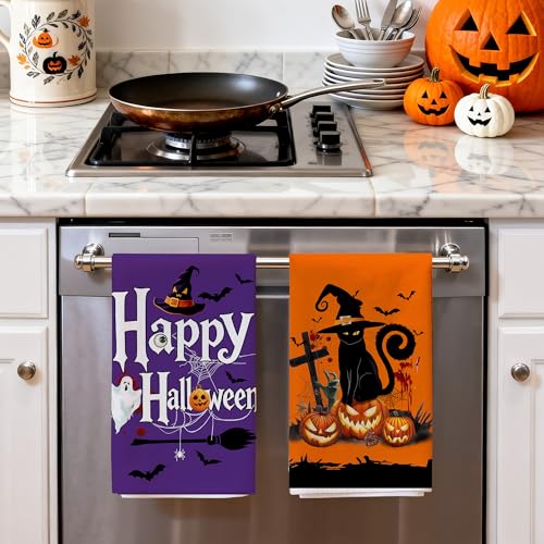 Halloween Kitchen Towels Set of 2 - Cat Pumpkin Halloween Decor - Hexagram