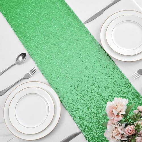 Pufogu Grass Green Sequin Table Runner 12x72 Inches, 10 Packs - Party Decor