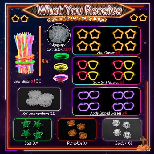 Glow Stick Party Favors Bulk Set with Neon Glasses and Accessories - 8 Colors