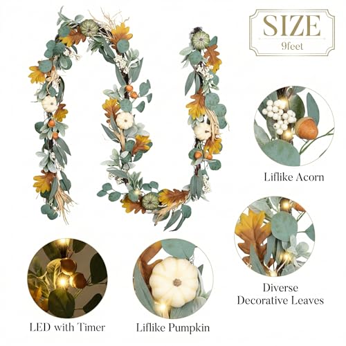 Fall Garland with Pumpkins and Lights - 9ft White/Green Autumn Decor