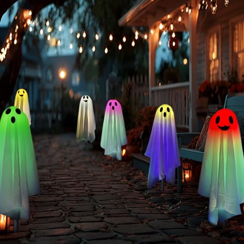 RGB Halloween Ghost Pathway Lights with Stakes - 6PCS Solar Waterproof Outdoor Decor