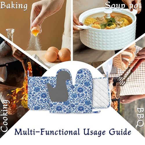 Blue White Floral Oven Mitts & Pot Holders Set - Heat-Resistant Silicone Kitchen Gloves - 4 Pack