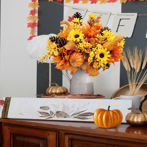 Artificial Fall Flowers Bouquet with Pumpkins and Pinecones - Silk Autumn Decor