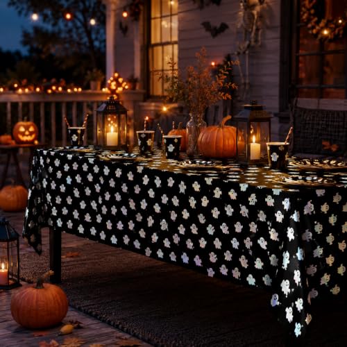 Halloween Ghost Tablecloth Set - 2 Pcs Waterproof 54x108 Inch Black Disposable Cover