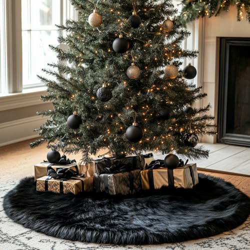 AISENO 60 Inch Black Faux Fur Christmas Tree Skirt - Holiday Decor for Xmas Tree