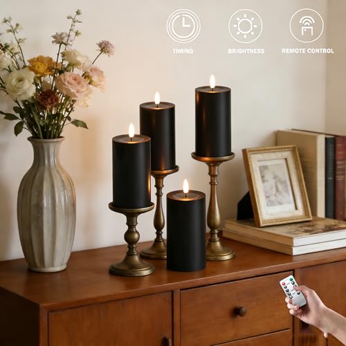 Black Real Wax Flameless Candles with Remote Control - 4 Pack, Halloween Decor