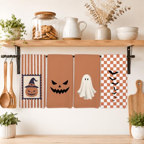 Halloween Bat Pumpkin Ghost Kitchen Hand Towels Set of 4 - Pumpkin Lamp Variation