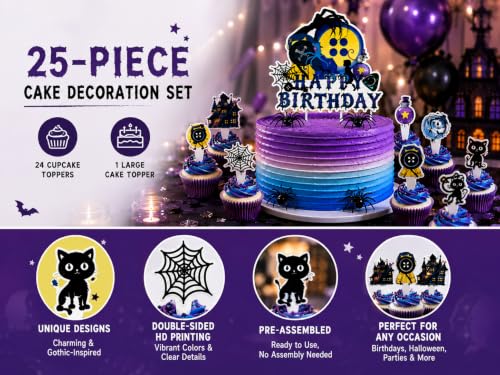 Gothic Cake Toppers Set - Black Cat Moon Halloween Birthday Decorations