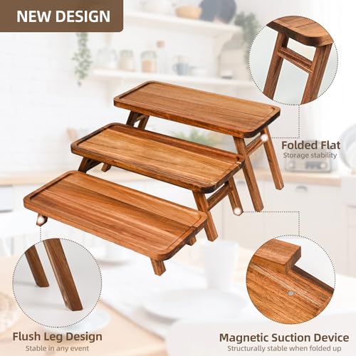Acacia Brown 3-Tier Wooden Serving Tray Set - Foldable Dessert & Charcuterie Display