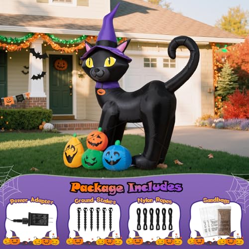 6FT Inflatable Halloween Black Cat with Witch Hat & Colorful Pumpkins, LED Yard Decor