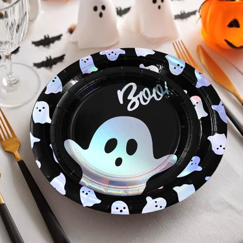 Iridescent Black Halloween Paper Plates Set - Ghost Boo 7 & 9 Inch Disposable Tableware
