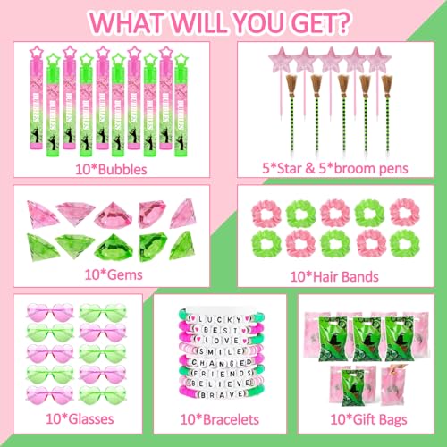 Pink and Green Birthday Party Favors Set - Glasses, Broom Pens, Bracelets & More