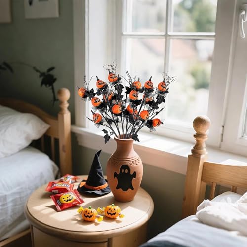 Artificial Halloween Pumpkin Branches - 6 Pack, 19.5-Inch Spooky Floral Stems for Fall Decor