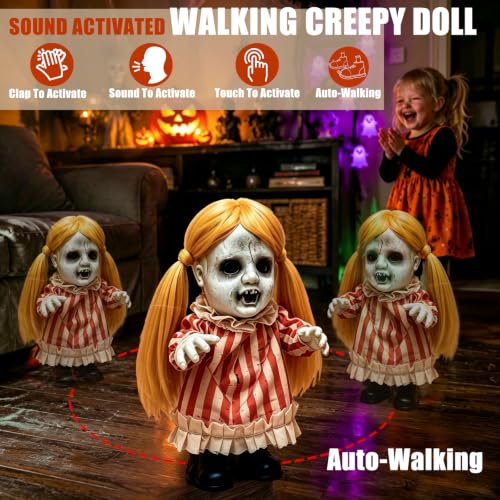 Sound Activated Halloween Girl Doll Animatronic - 13 Inch Spooky Moving Decor