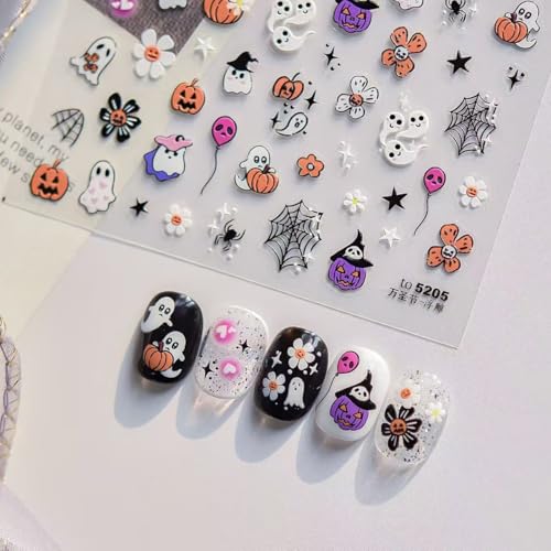 Halloween Ghost Nail Art Stickers 5D Embossed Pumpkin Skull Spider Web - Style C, 2 Sheets