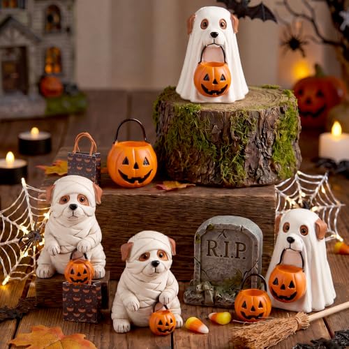Halloween Ghost Dog Decor Set - Mummy & Pumpkin Figurines for Fall Home Decor