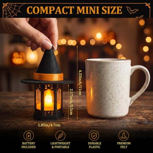 Halloween Mini Lantern and Witch Hat Set with Flickering LED Candles - 16 Pieces