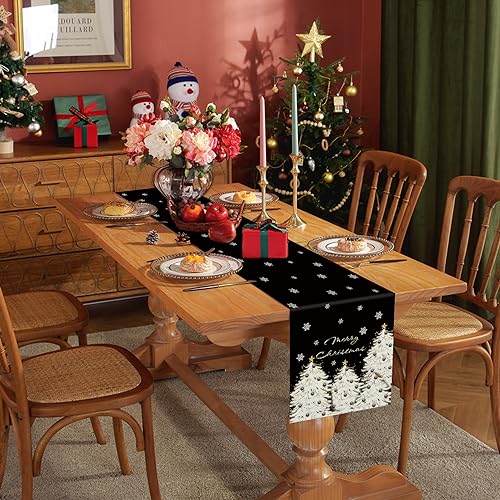 Christmas Table Runner 13x60 Inch Gold Tree Snowflake Holiday Decor - Black
