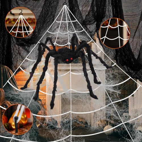 Purple Halloween Spider Web Lights with Remote, 16.4Ft, 8 Modes & Giant Spider