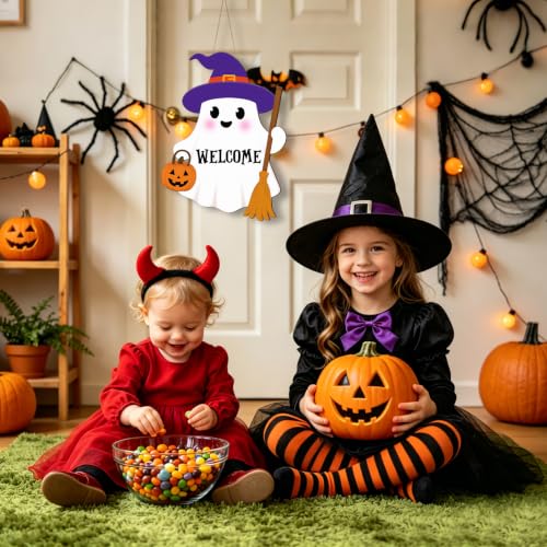 Halloween Ghost Door Wreath Hanger Sign with Welcome - White Ghost Variation