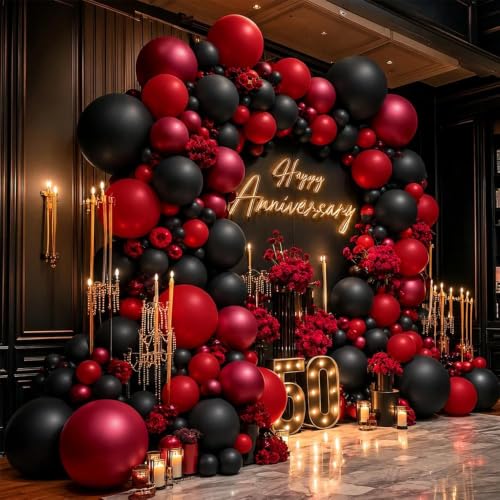 Double Stuffed Black Red Balloon Arch Kit - Burgundy & Black Party Decor