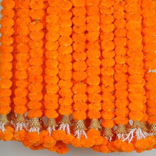 Artificial Marigold Garland - 5 Feet Long Flower Strands for Indian Decor, Weddings, Diwali, Christmas - Orange - 5 Pieces