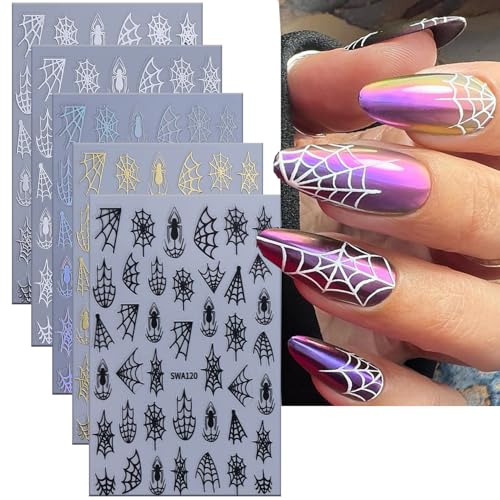 Halloween Spider Web Nail Stickers - 6 Sheets Self-Adhesive 3D Nail Decals for Manicure