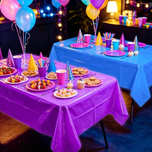 Neon Rainbow Tablecloths - 6 Pack Glow in the Dark Plastic Party Table Cover - Variation: Rainbow