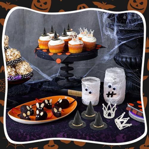 Halloween Witch Hat & Silver Crown Cake Topper Set - 12 Black Wizard Hats + 12 Silver Crowns