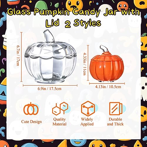 Halloween Glass Pumpkin Candy Jar Set with Lids - 2 Sizes, Clear & Orange