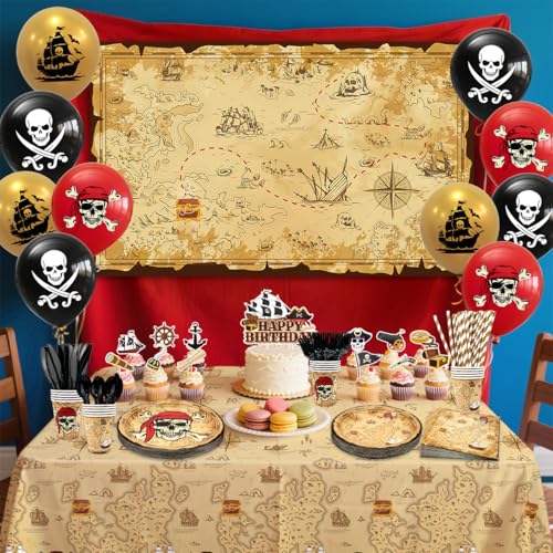 Pirate Party Decorations Kit for Kids - Plates, Cups, Napkins, Tablecloth, Balloons, Backdrop, Cake Toppers