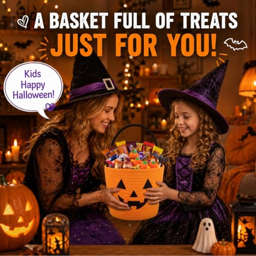 Halloween Bucket for Kids - Pumpkin Basket with Handle, Orange, Medium
