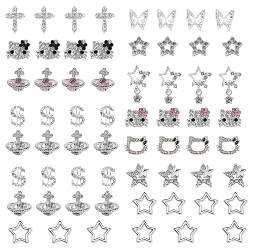 Y2K Nail Charms Set - 54 Silver Kawaii & Star Nail Decorations