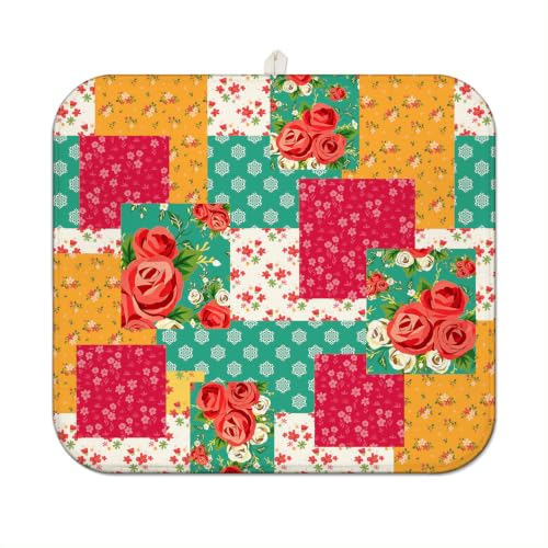 Floral Dish Drying Mat 16x18 Inch - Farmhouse Microfiber Kitchen Counter Protector - Washable & Absorbent