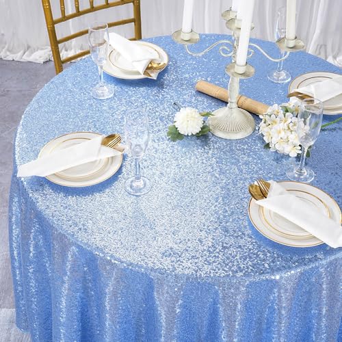 Baby Blue 132 Inch Round Sequin Tablecloth Glitter Cover for Wedding Party Bridal Shower