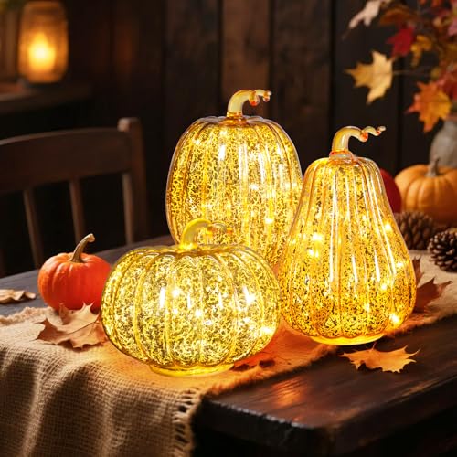 Gold Mercury Glass Pumpkin Lights Set - 3 LED Fall Halloween Porch Lanterns