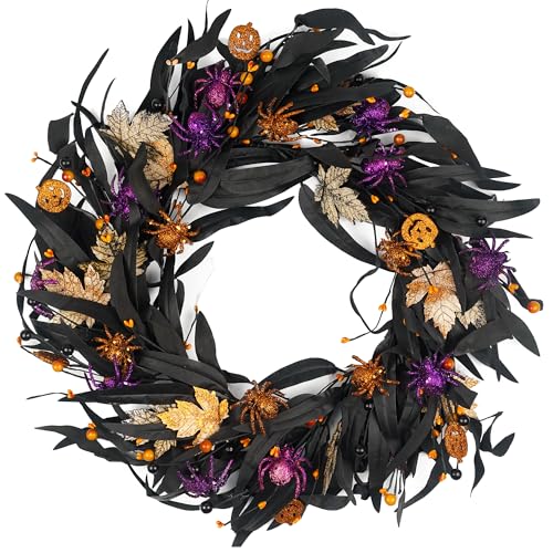 Black 20 Inch Halloween Wreath with Fall Leaves Pumpkins & Spider - Indoor Outdoor Decor