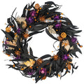 Black 20 Inch Halloween Wreath with Fall Leaves Pumpkins & Spider - Indoor Outdoor Decor