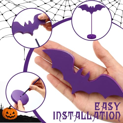 Halloween Wooden Bat Decorations Set - Purple & Orange, 6 Pieces with Stand
