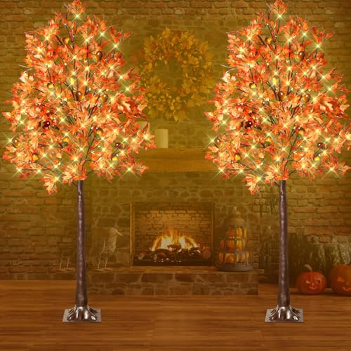 2 Pack 6FT Lighted Maple Tree with 130 LED Lights & Autumn Decor - Remote