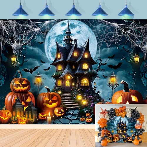 Halloween Horror Castle Backdrop 8x6FT Full Moon Night Pumpkin Lantern Bats Web Scene