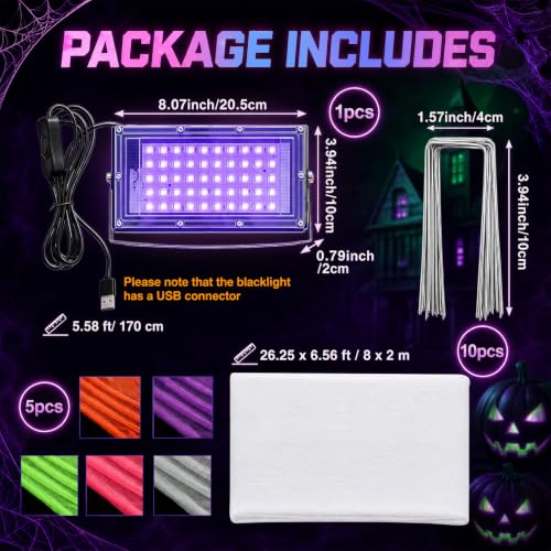 Glow in The Dark Halloween Spider Web 1500 Sq Ft with Black Light & Stakes - 5 Colors